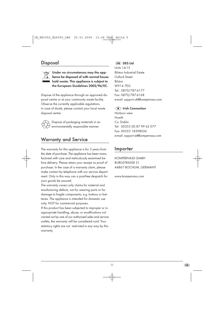 Disposal, Warranty and service, Importer | Kompernass KH 1552 User Manual | Page 7 / 7