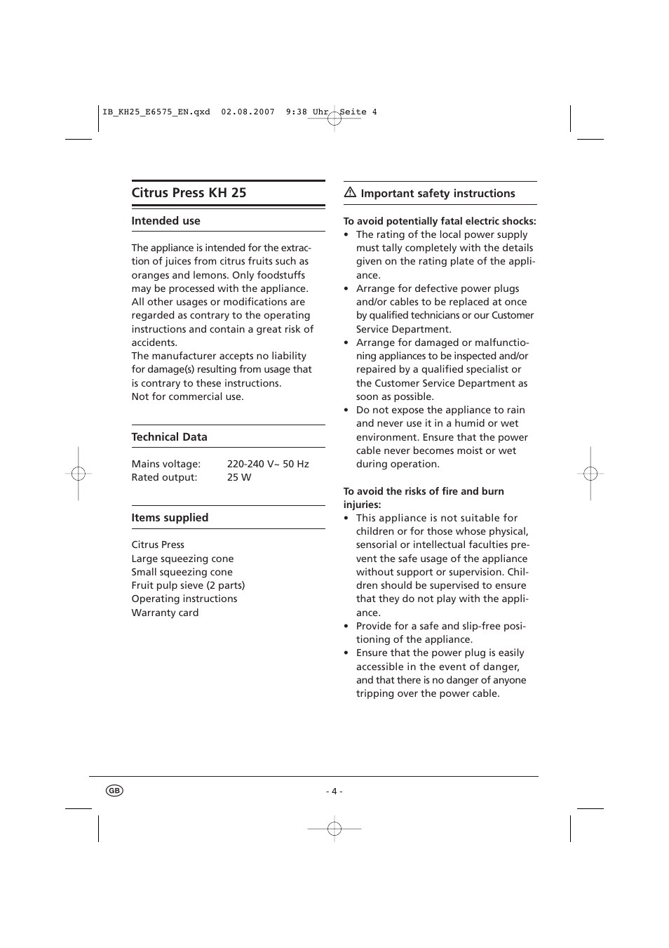 Citrus press kh 25 | Kompernass D-44867 User Manual | Page 6 / 9
