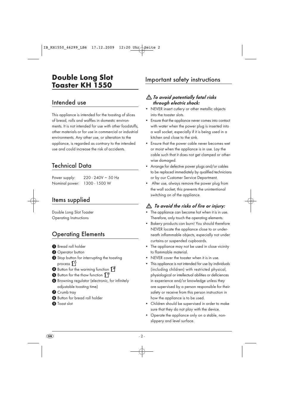 Double long slot toaster kh 1550, Intended use, Technical data | Items supplied, Operating elements, Important safety instructions | Kompernass DOUBLE LONG SLOT KH 1550 User Manual | Page 4 / 8