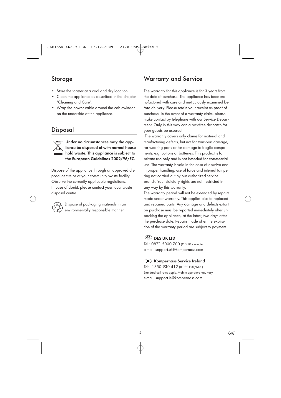 Storage, Disposal, Warranty and service | Kompernass DOUBLE LONG SLOT KH 1550 User Manual | Page 7 / 8