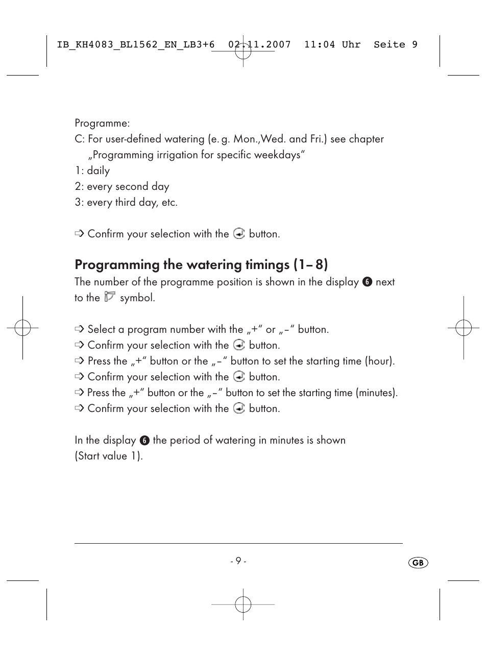 Programming the watering timings (1– 8) | Kompernass KH 4083 User Manual | Page 11 / 38