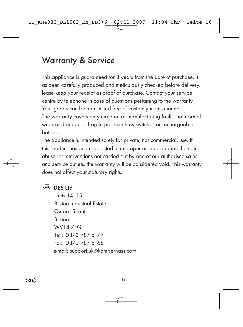 Warranty & service | Kompernass KH 4083 User Manual | Page 18 / 38