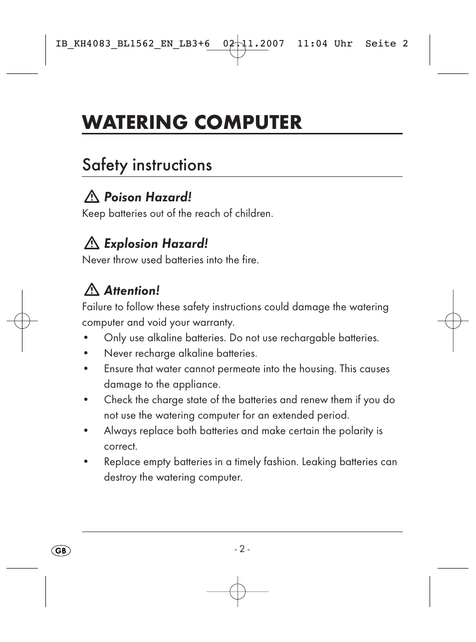 Watering computer, Safety instructions | Kompernass KH 4083 User Manual | Page 4 / 38
