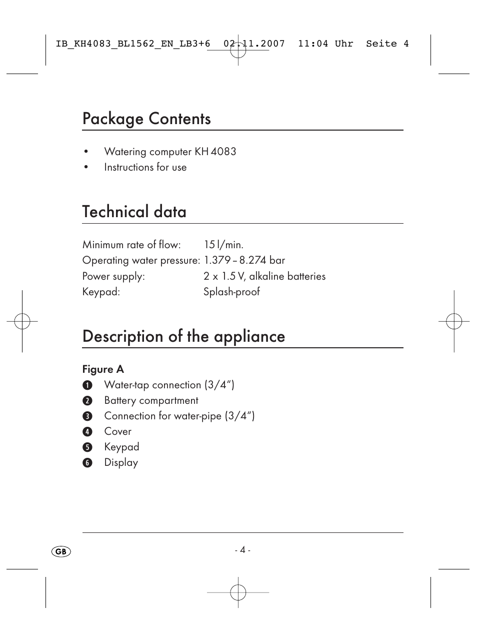 Package contents, Technical data, Description of the appliance | Kompernass KH 4083 User Manual | Page 6 / 38