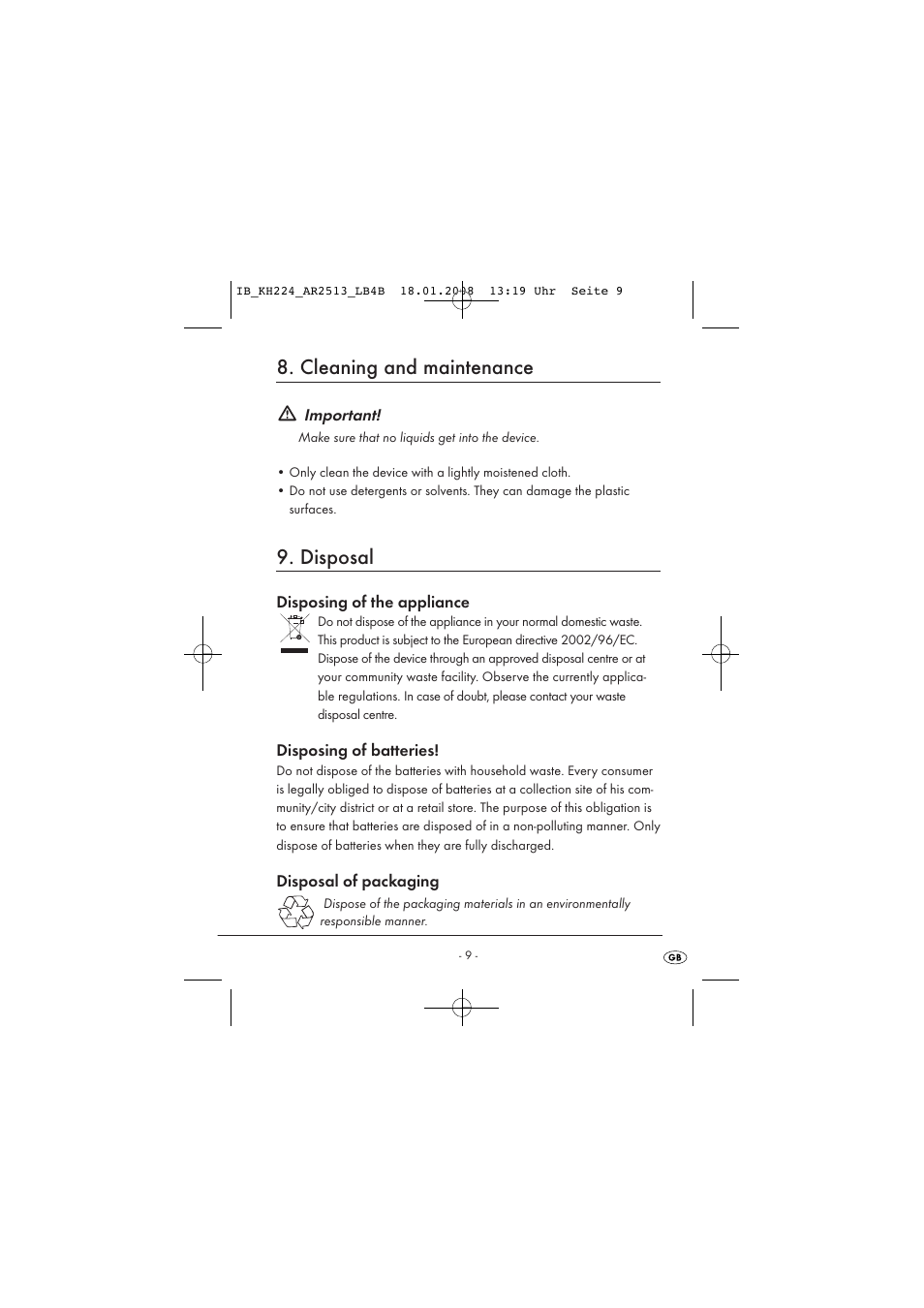 Cleaning and maintenance, Disposal | Kompernass KH224-1/08-V2 User Manual | Page 13 / 26