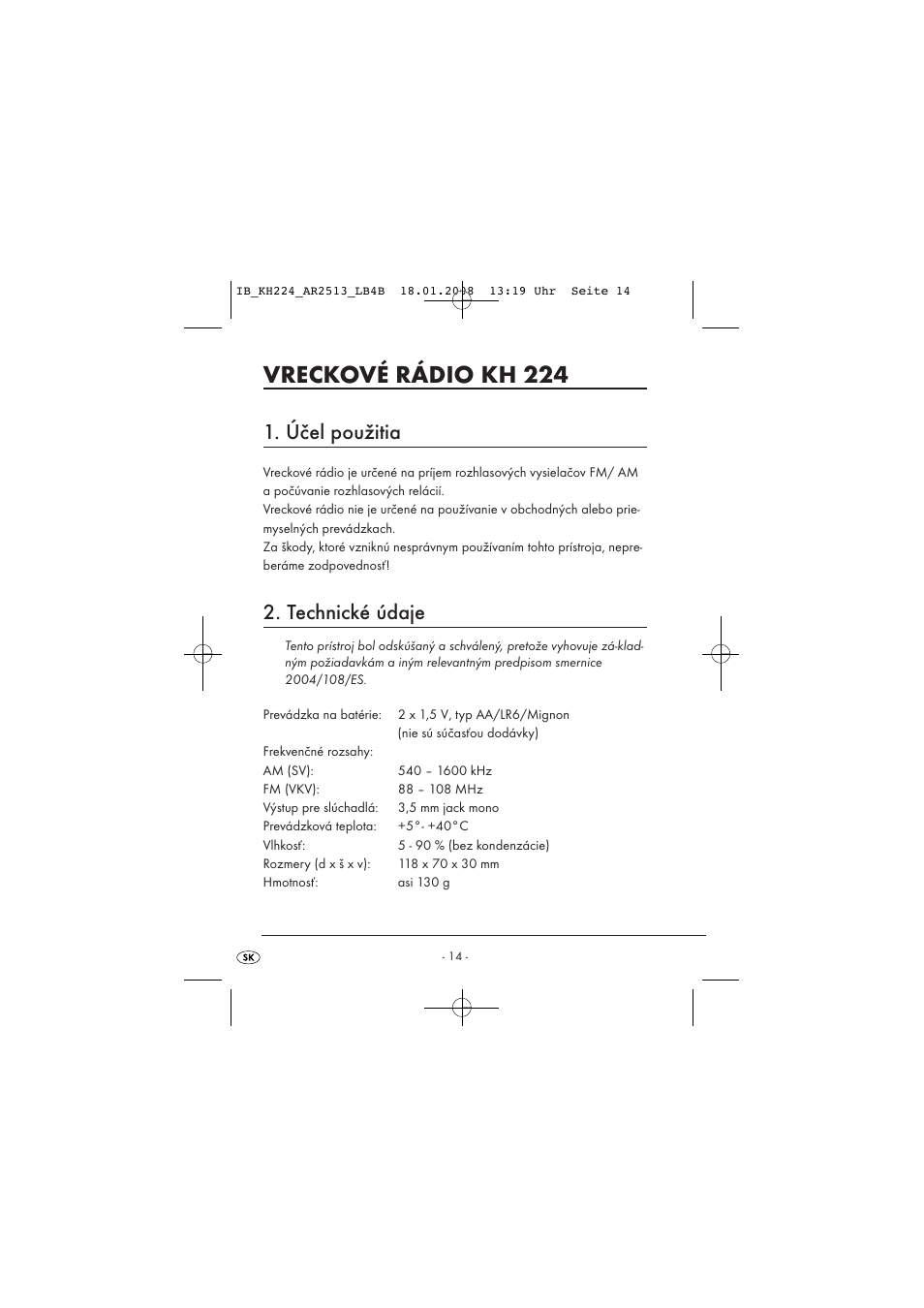 Vreckové rádio kh 224, Účel použitia, Technické údaje | Kompernass KH224-1/08-V2 User Manual | Page 18 / 26