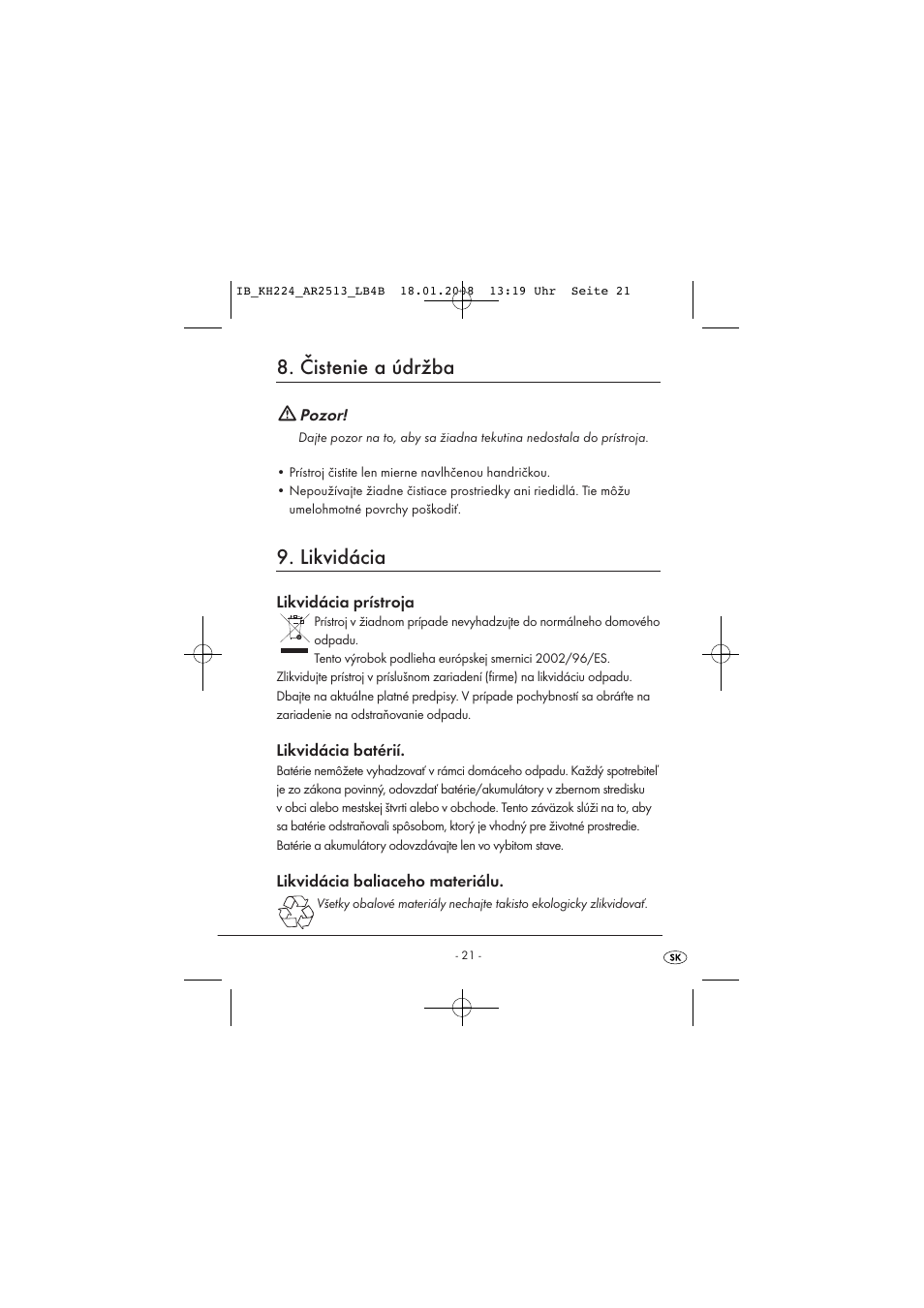 Čistenie a údržba, Likvidácia | Kompernass KH224-1/08-V2 User Manual | Page 25 / 26
