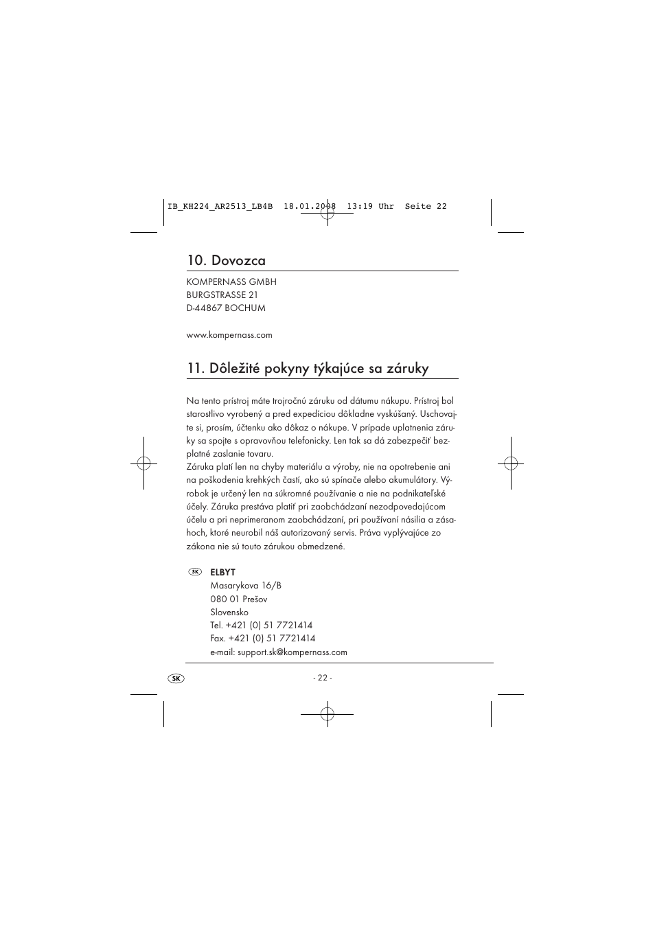 Dovozca, Dôležité pokyny týkajúce sa záruky | Kompernass KH224-1/08-V2 User Manual | Page 26 / 26
