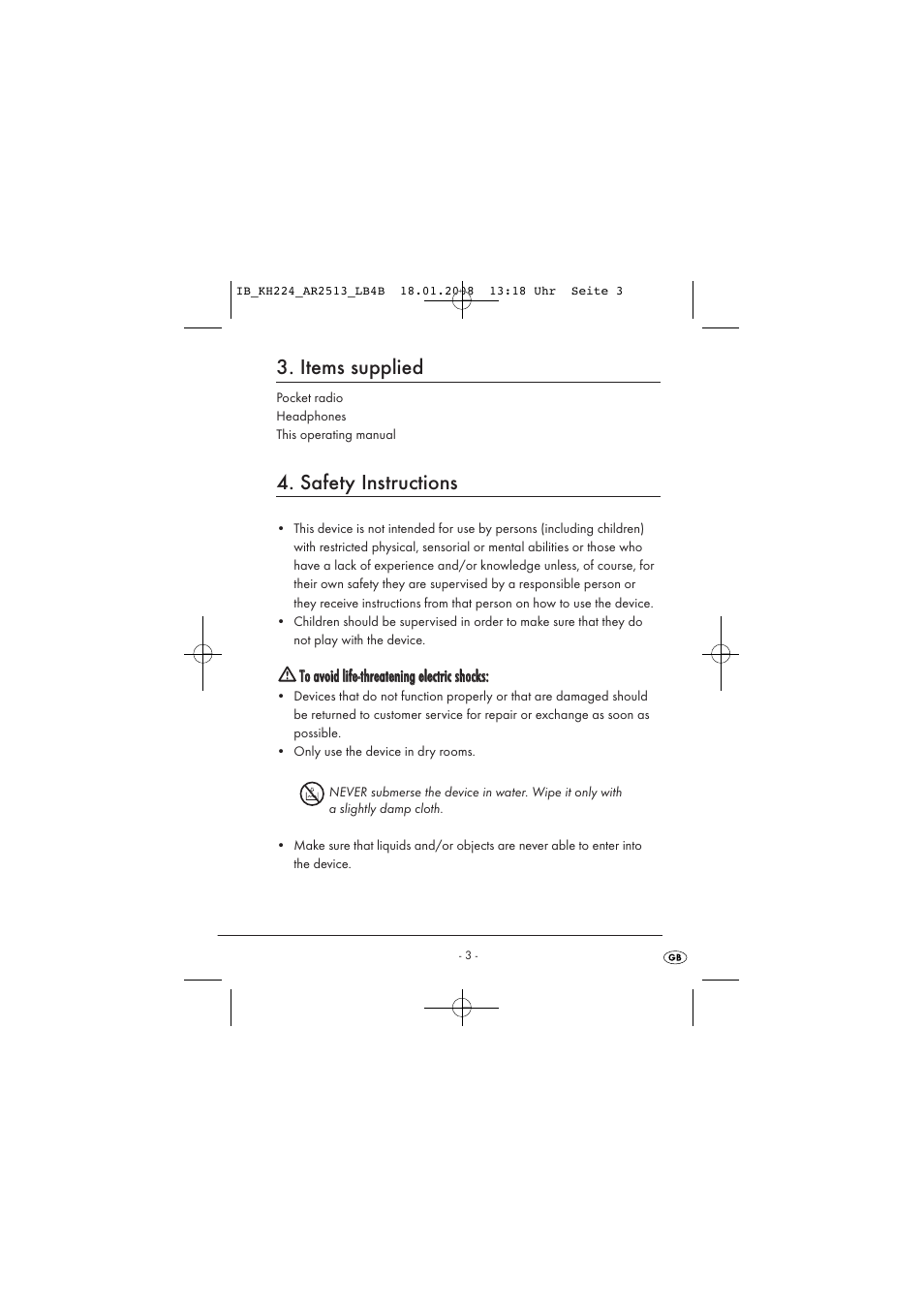 Items supplied, Safety instructions | Kompernass KH224-1/08-V2 User Manual | Page 7 / 26