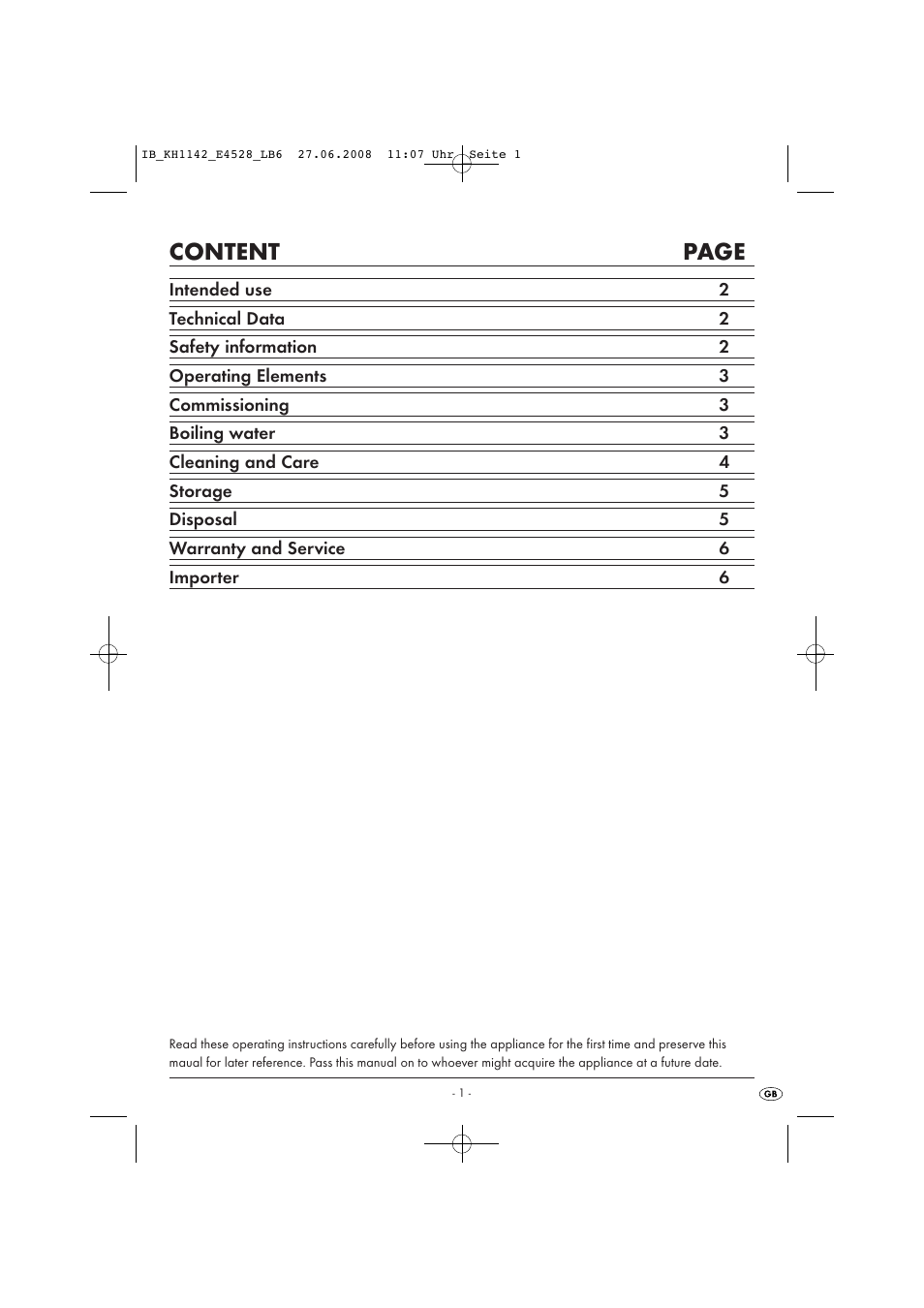 Content page | Kompernass KH 1142 User Manual | Page 3 / 8