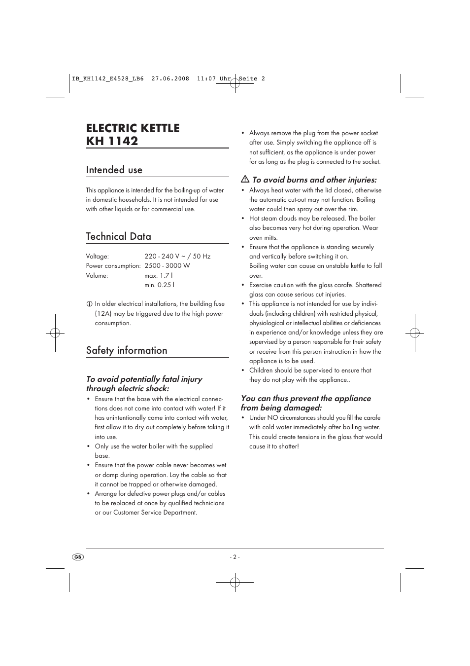 Electric kettle kh 1142, Intended use, Technical data | Safety information | Kompernass KH 1142 User Manual | Page 4 / 8