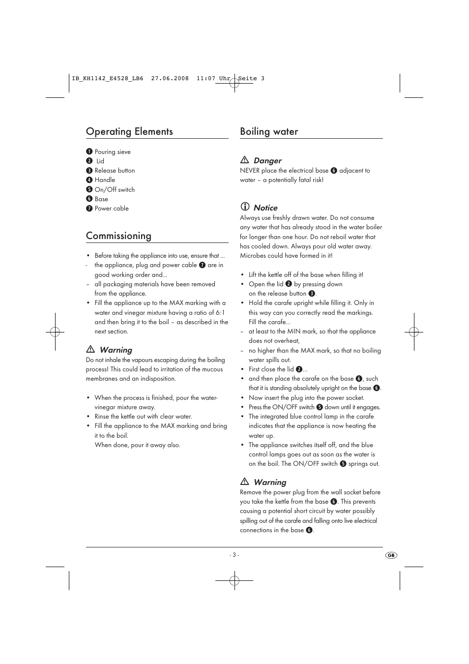 Operating elements, Commissioning, Boiling water | Kompernass KH 1142 User Manual | Page 5 / 8