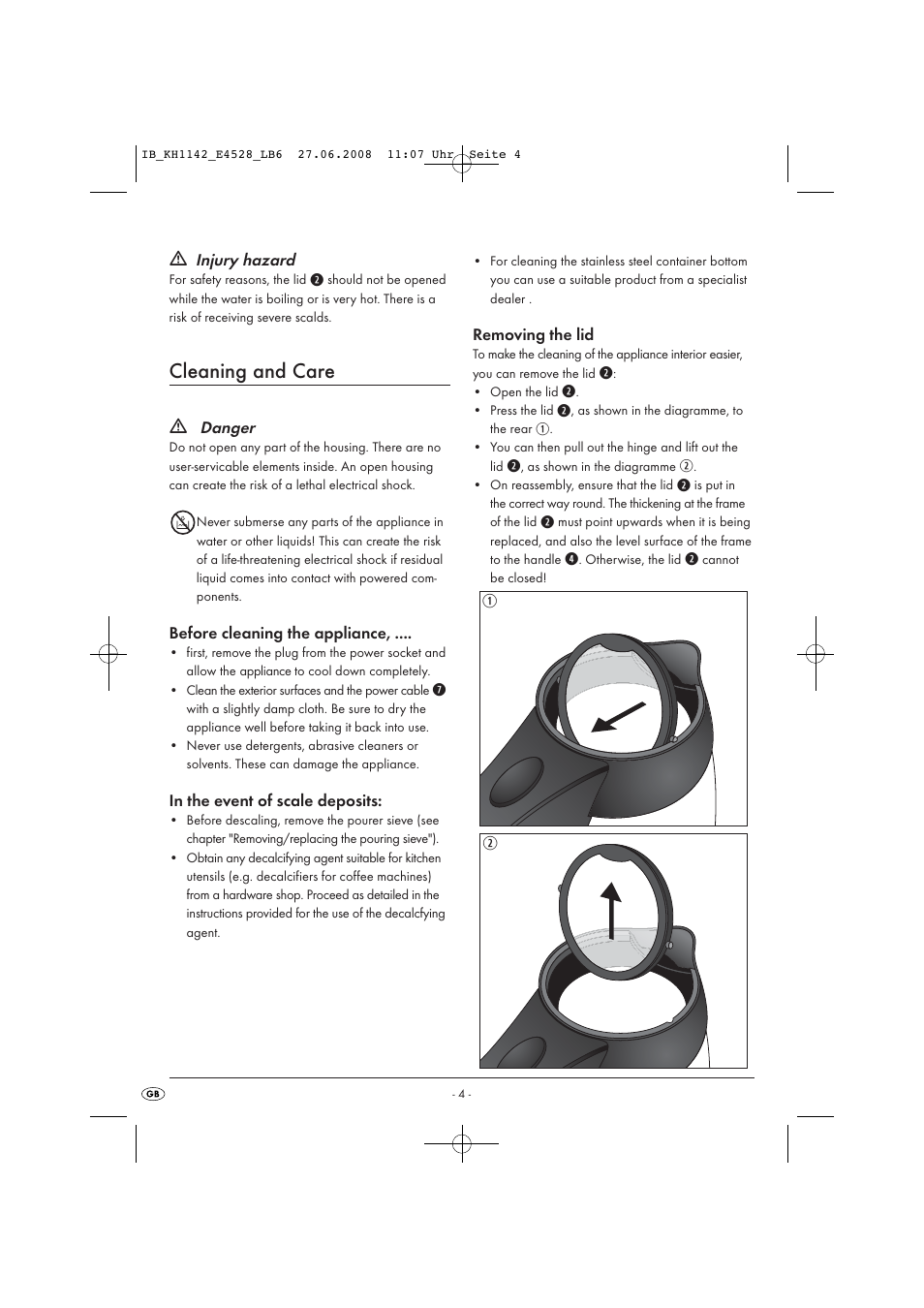 Cleaning and care | Kompernass KH 1142 User Manual | Page 6 / 8
