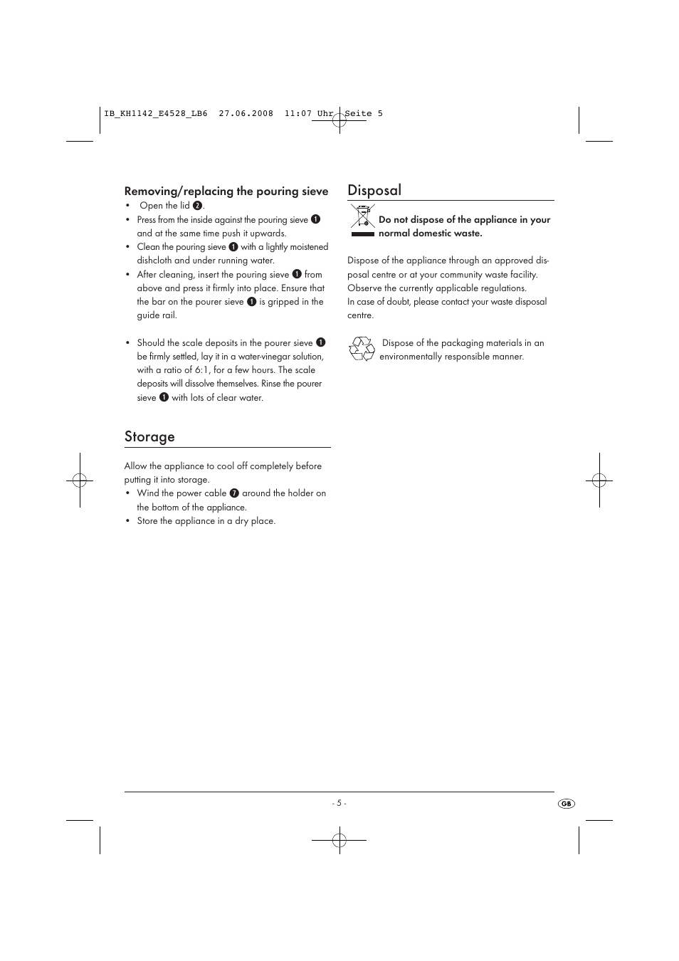 Storage, Disposal | Kompernass KH 1142 User Manual | Page 7 / 8