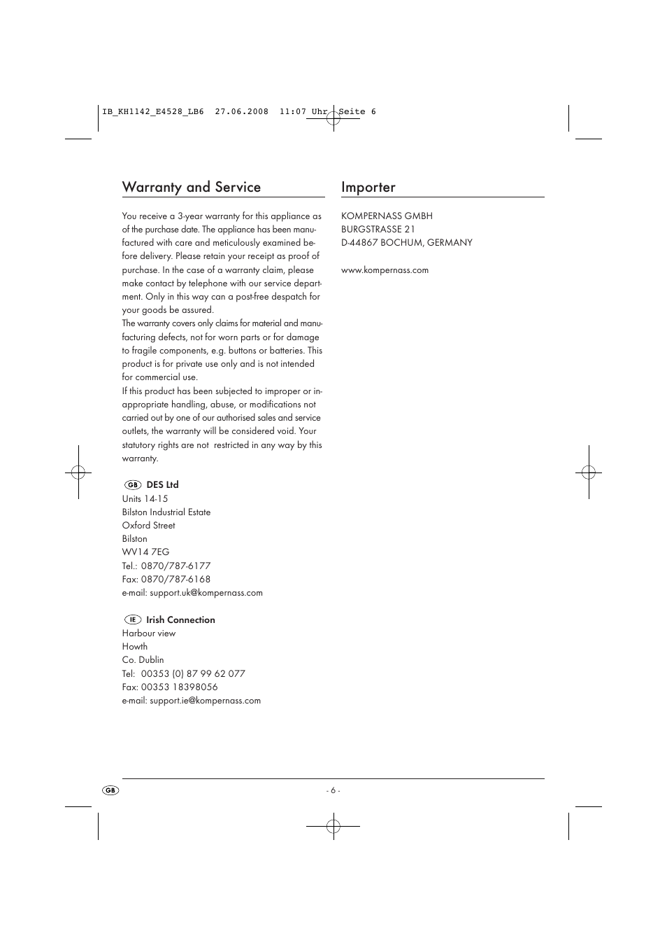 Warranty and service, Importer | Kompernass KH 1142 User Manual | Page 8 / 8