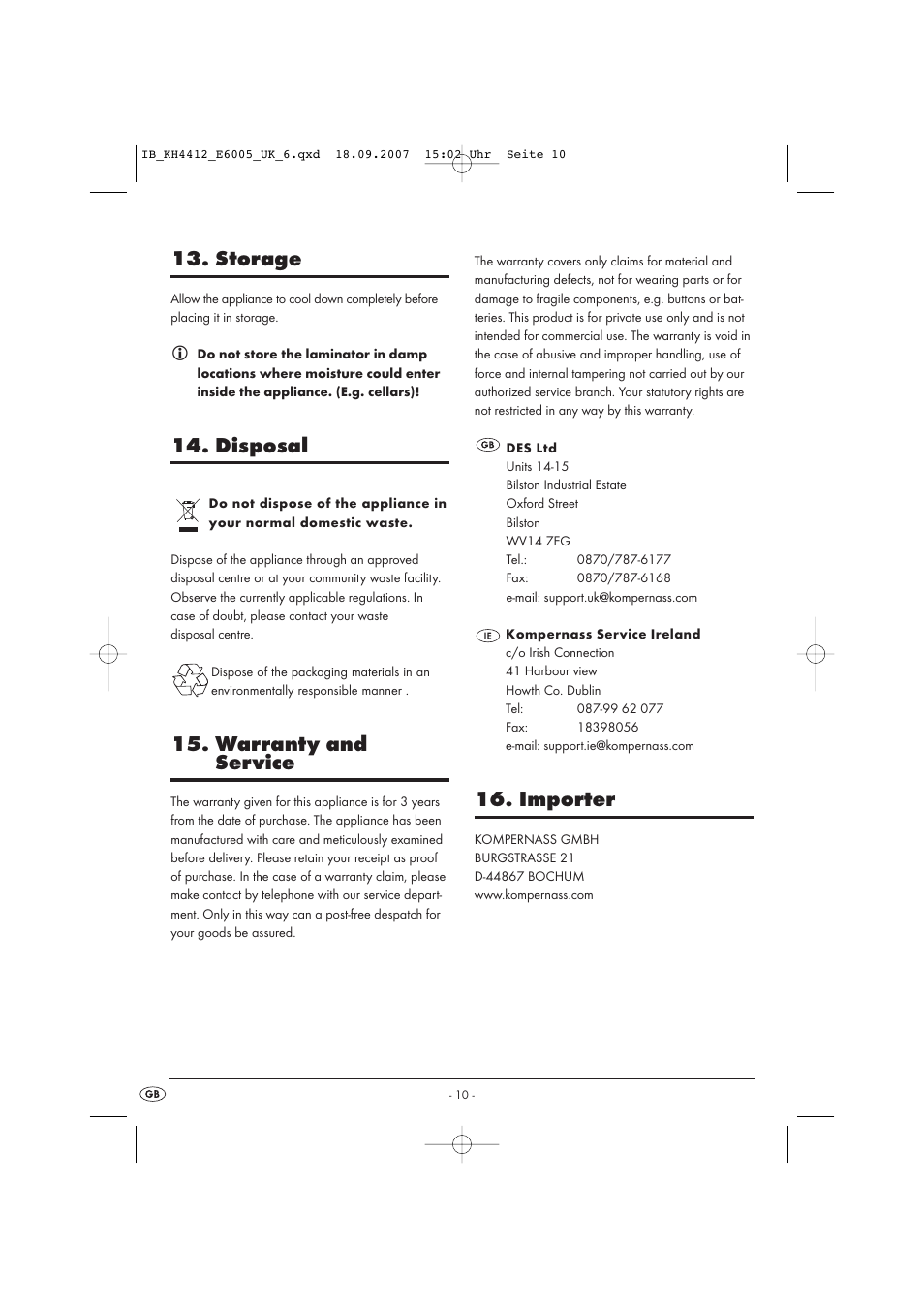 Storage, Disposal, Warranty and service | Importer | Kompernass KH 4412 User Manual | Page 10 / 10