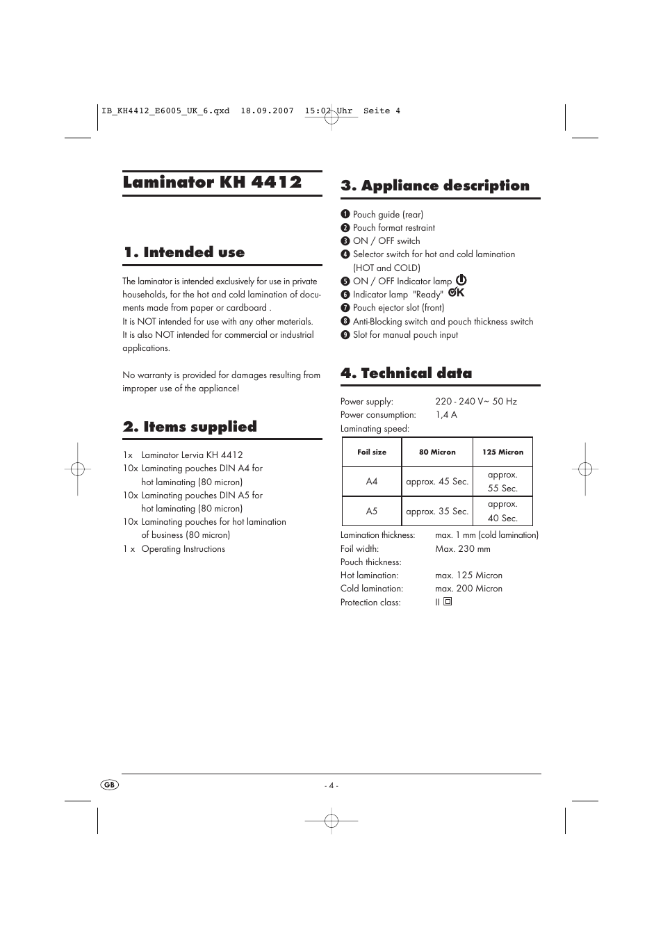 Laminator kh 4412, Intended use, Items supplied | Appliance description, Technical data | Kompernass KH 4412 User Manual | Page 4 / 10