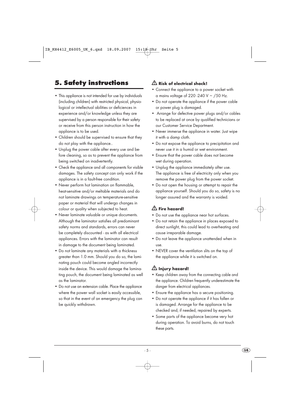 Safety instructions | Kompernass KH 4412 User Manual | Page 5 / 10
