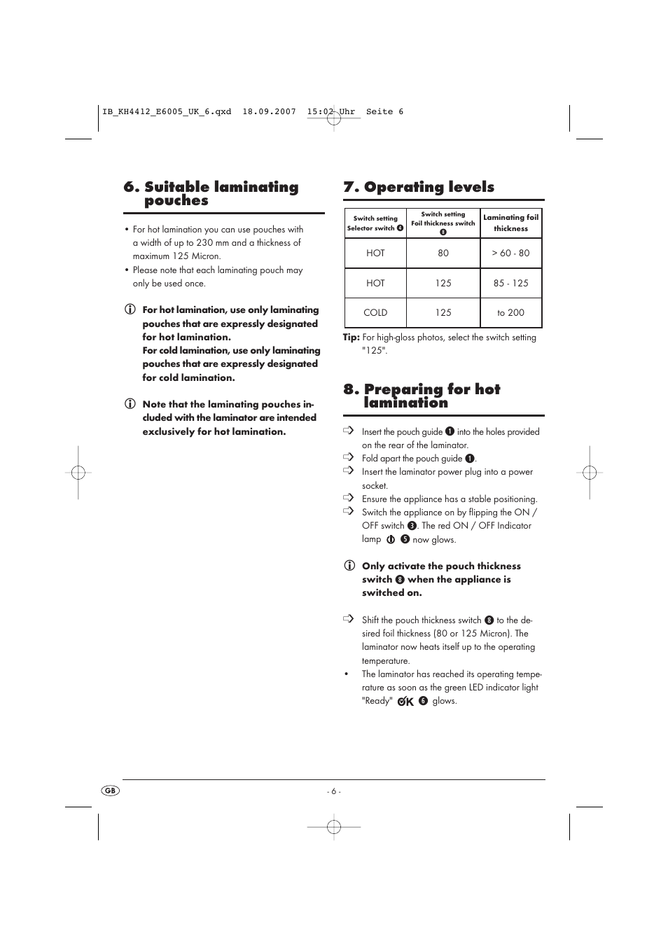 Suitable laminating pouches, Operating levels, Preparing for hot lamination | Kompernass KH 4412 User Manual | Page 6 / 10