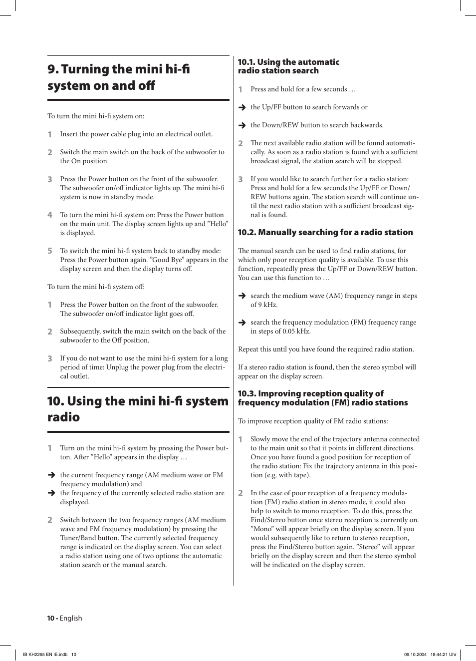 Turning the mini hi-ﬁ system on and oﬀ, Using the mini hi-ﬁ system radio | Kompernass KH 2265 User Manual | Page 10 / 22