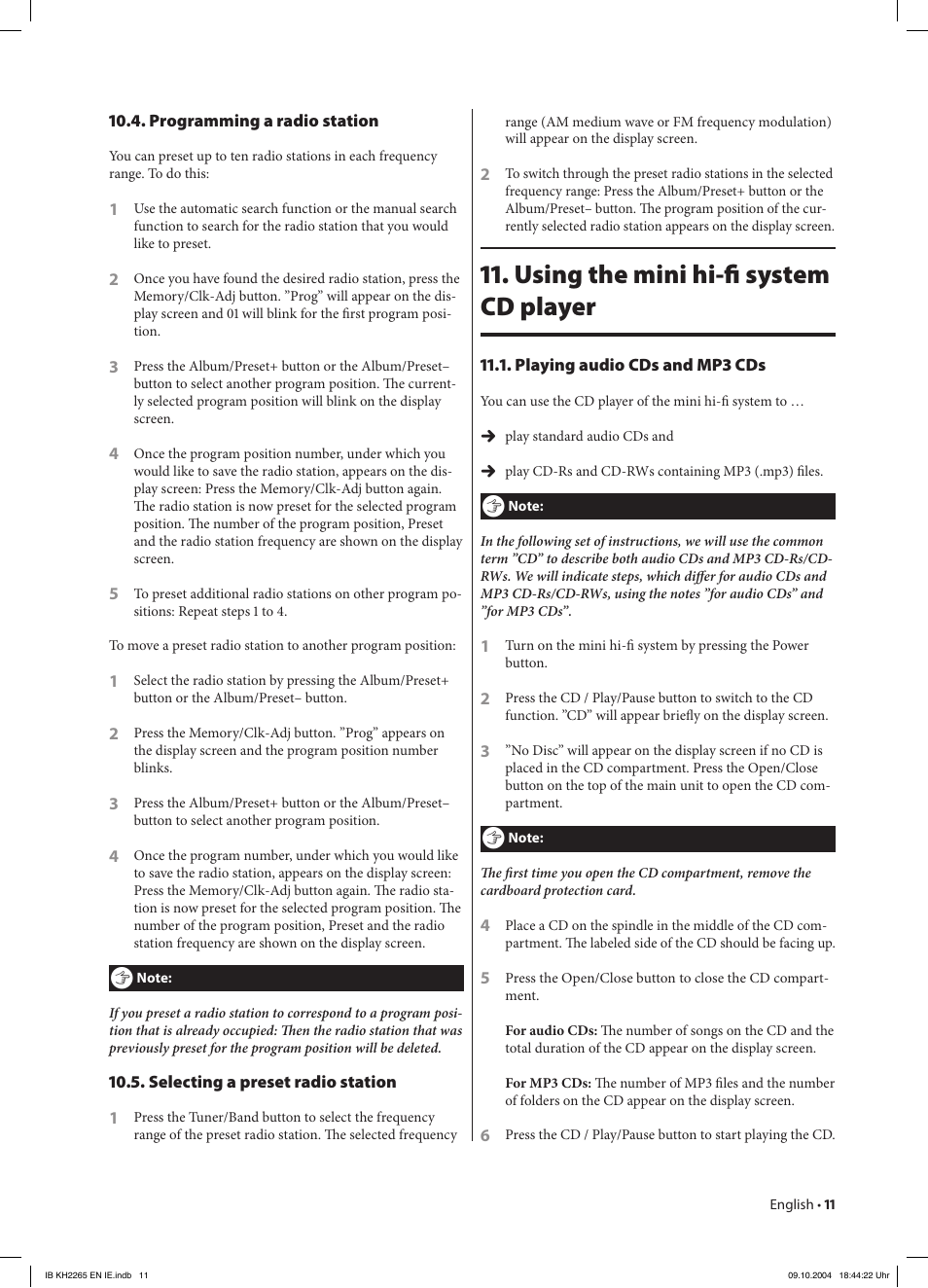Using the mini hi-ﬁ system cd player | Kompernass KH 2265 User Manual | Page 11 / 22