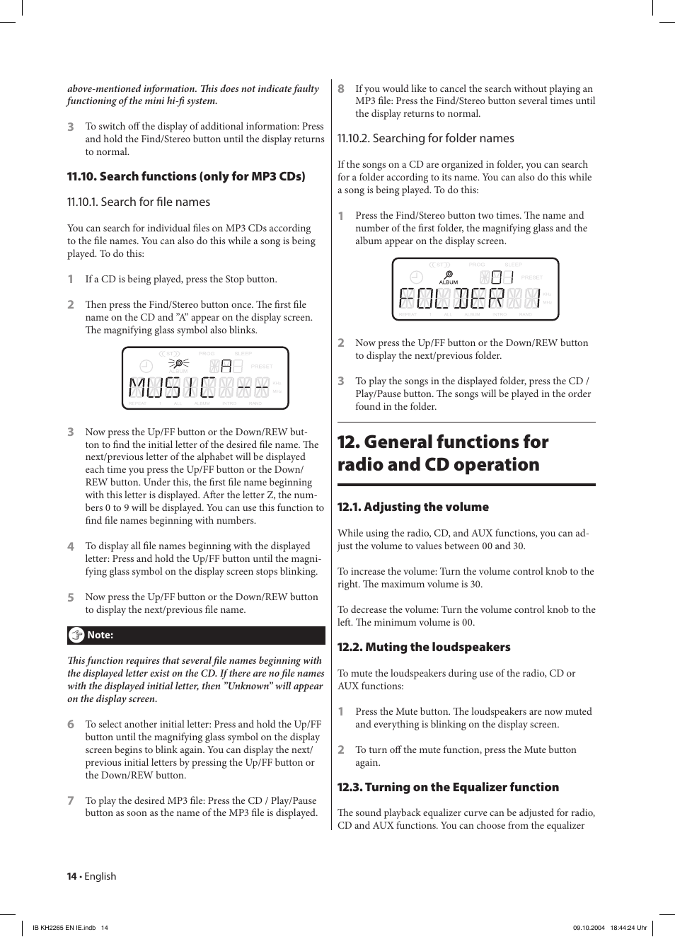 General functions for radio and cd operation | Kompernass KH 2265 User Manual | Page 14 / 22