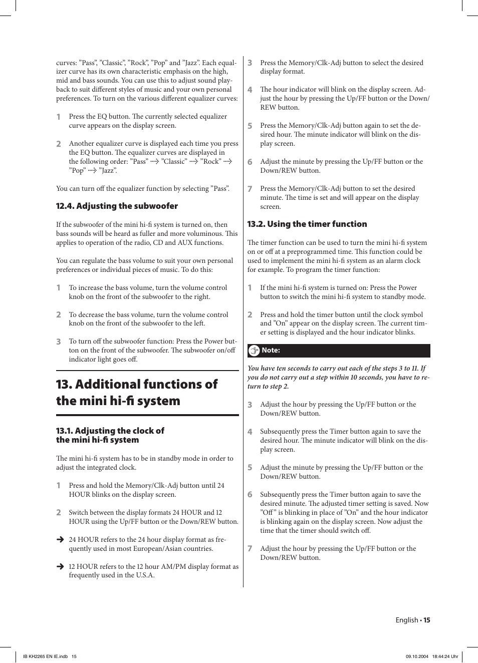 Additional functions of the mini hi-ﬁ system | Kompernass KH 2265 User Manual | Page 15 / 22