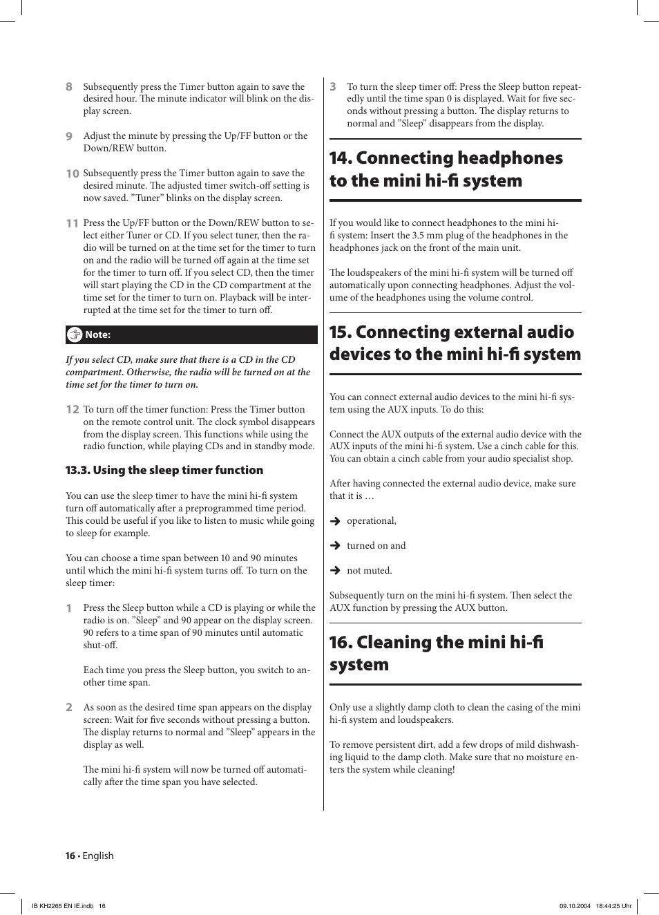 Connecting headphones to the mini hi-ﬁ system, Cleaning the mini hi-ﬁ system | Kompernass KH 2265 User Manual | Page 16 / 22