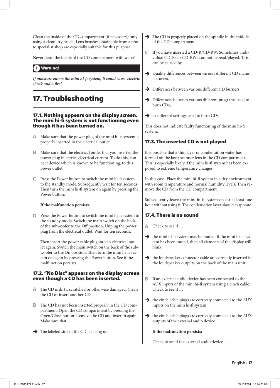 Troubleshooting | Kompernass KH 2265 User Manual | Page 17 / 22