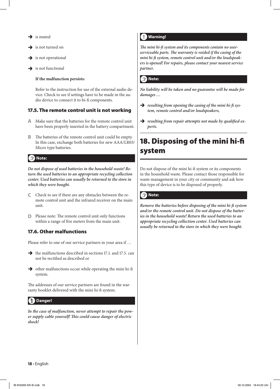 Disposing of the mini hi-ﬁ system | Kompernass KH 2265 User Manual | Page 18 / 22