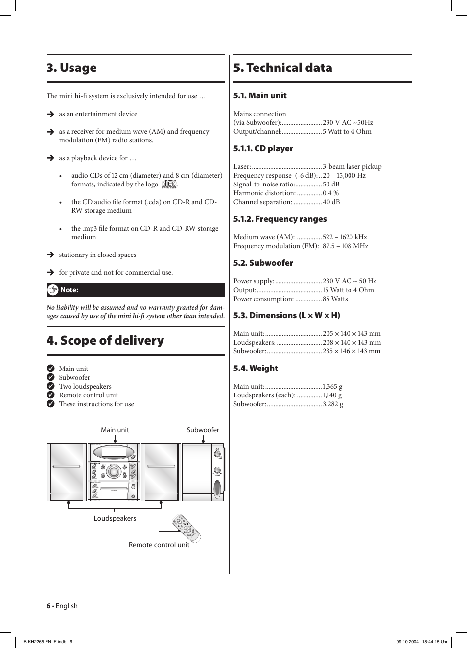 Technical data, Usage, Scope of delivery | Kompernass KH 2265 User Manual | Page 6 / 22