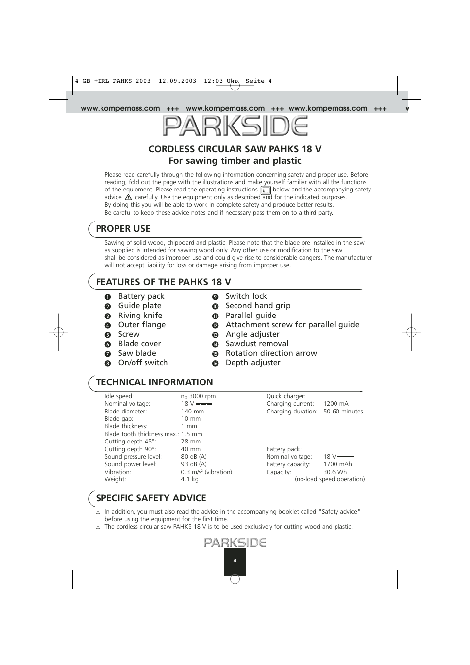 Proper use, Features of the pahks 18 v, Technical information | Specific safety advice | Kompernass PAHKS 18V User Manual | Page 4 / 10
