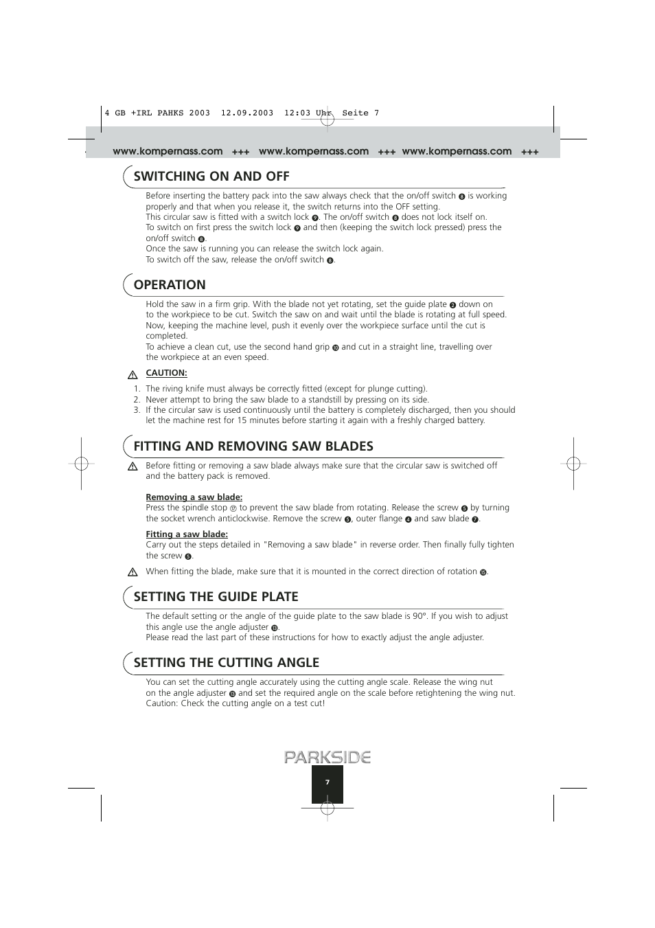 Switching on and off, Operation, Fitting and removing saw blades | Setting the guide plate, Setting the cutting angle | Kompernass PAHKS 18V User Manual | Page 7 / 10