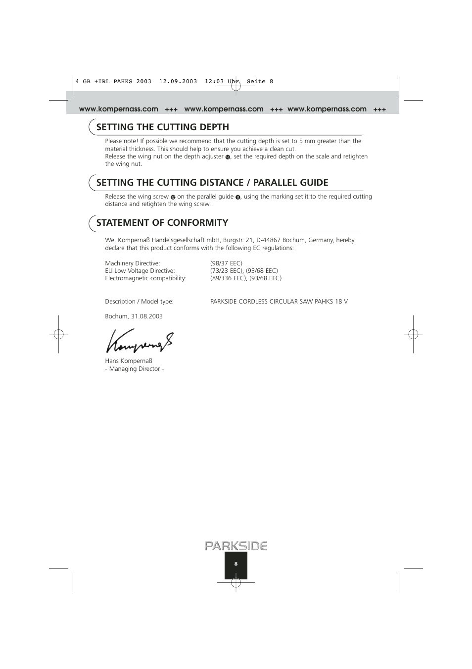 Setting the cutting depth, Setting the cutting distance / parallel guide, Statement of conformity | Kompernass PAHKS 18V User Manual | Page 8 / 10