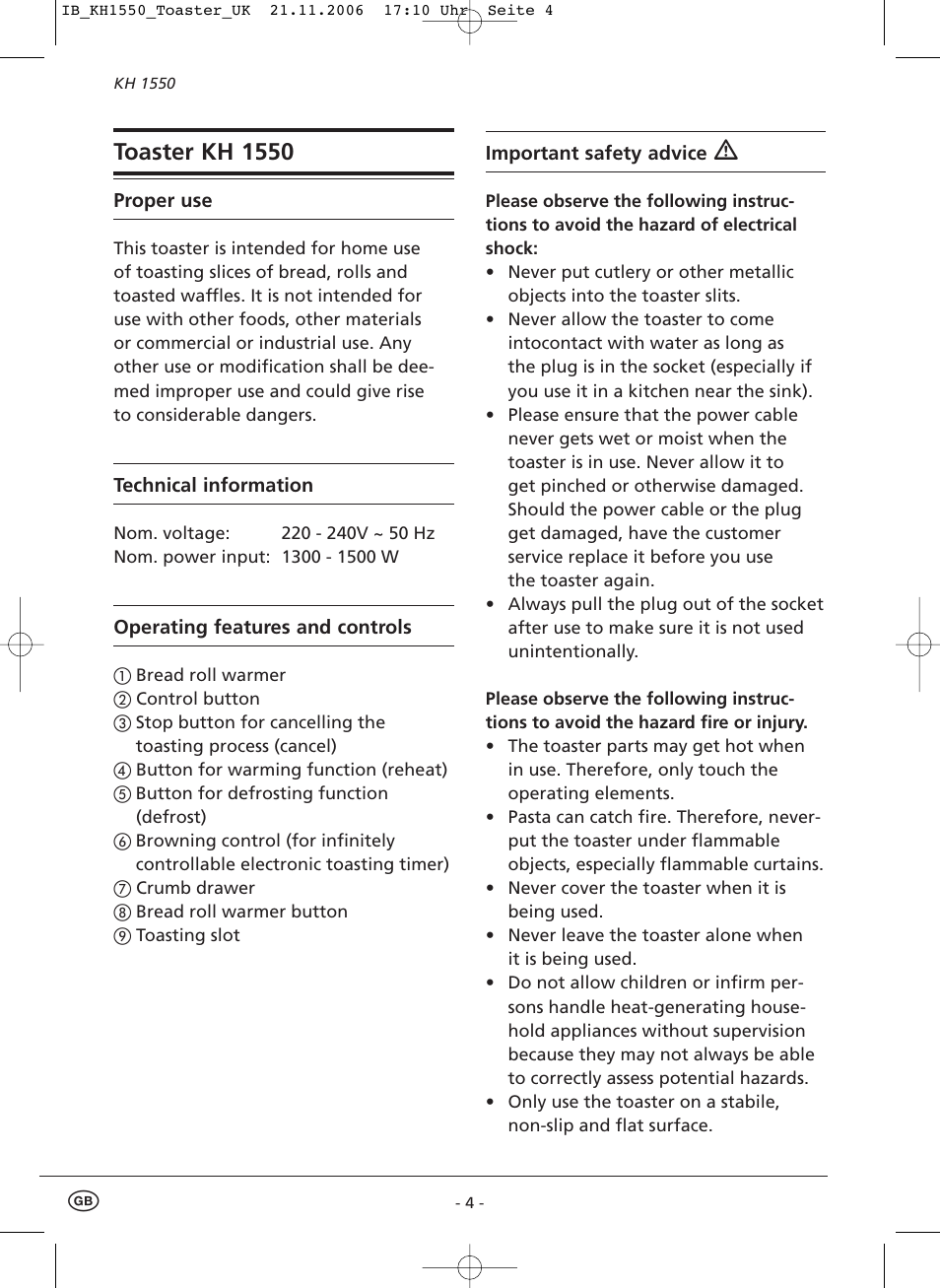 Toaster kh 1550 | Kompernass KH 1550 User Manual | Page 6 / 10