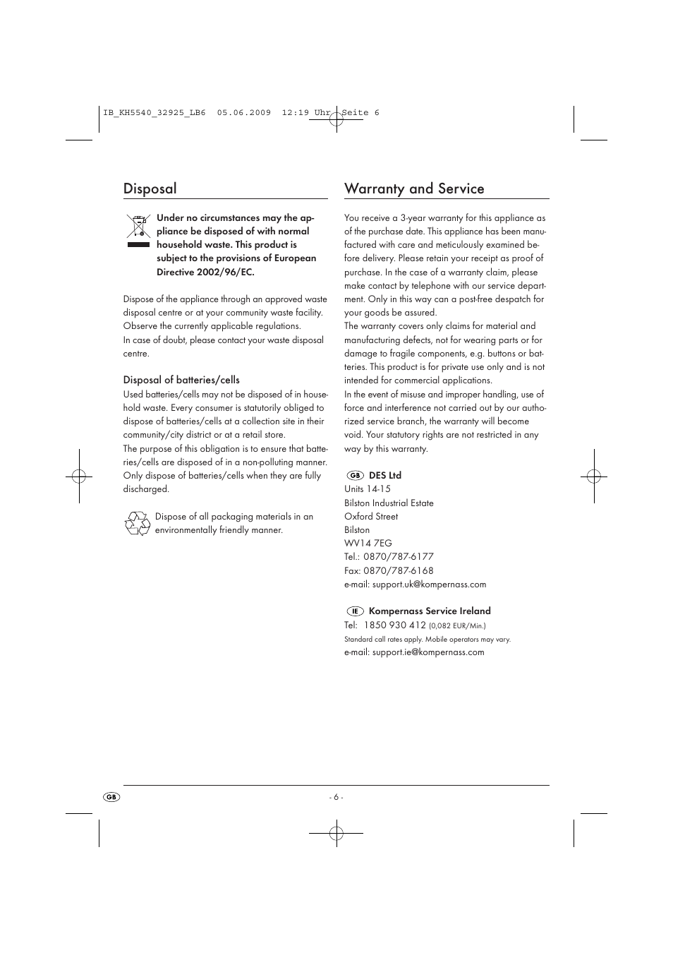 Disposal, Warranty and service | Kompernass KH 5540 User Manual | Page 8 / 9