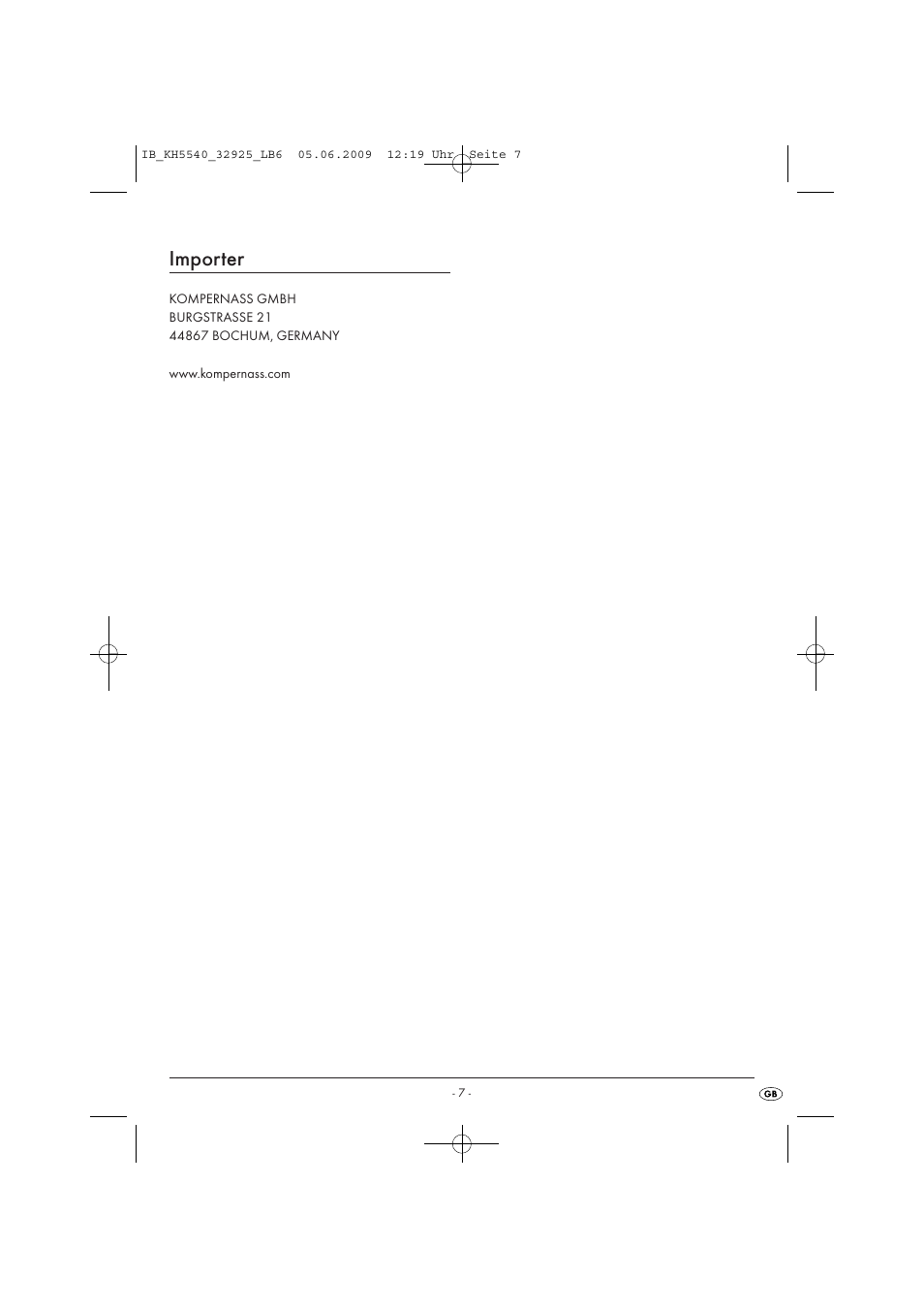 Importer | Kompernass KH 5540 User Manual | Page 9 / 9