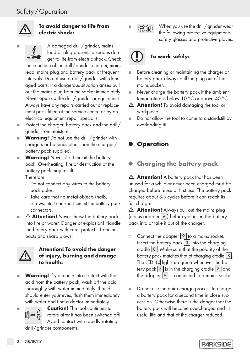 Safety / operation, Operation, Charging the battery pack | Kompernass 6 V User Manual | Page 6 / 10