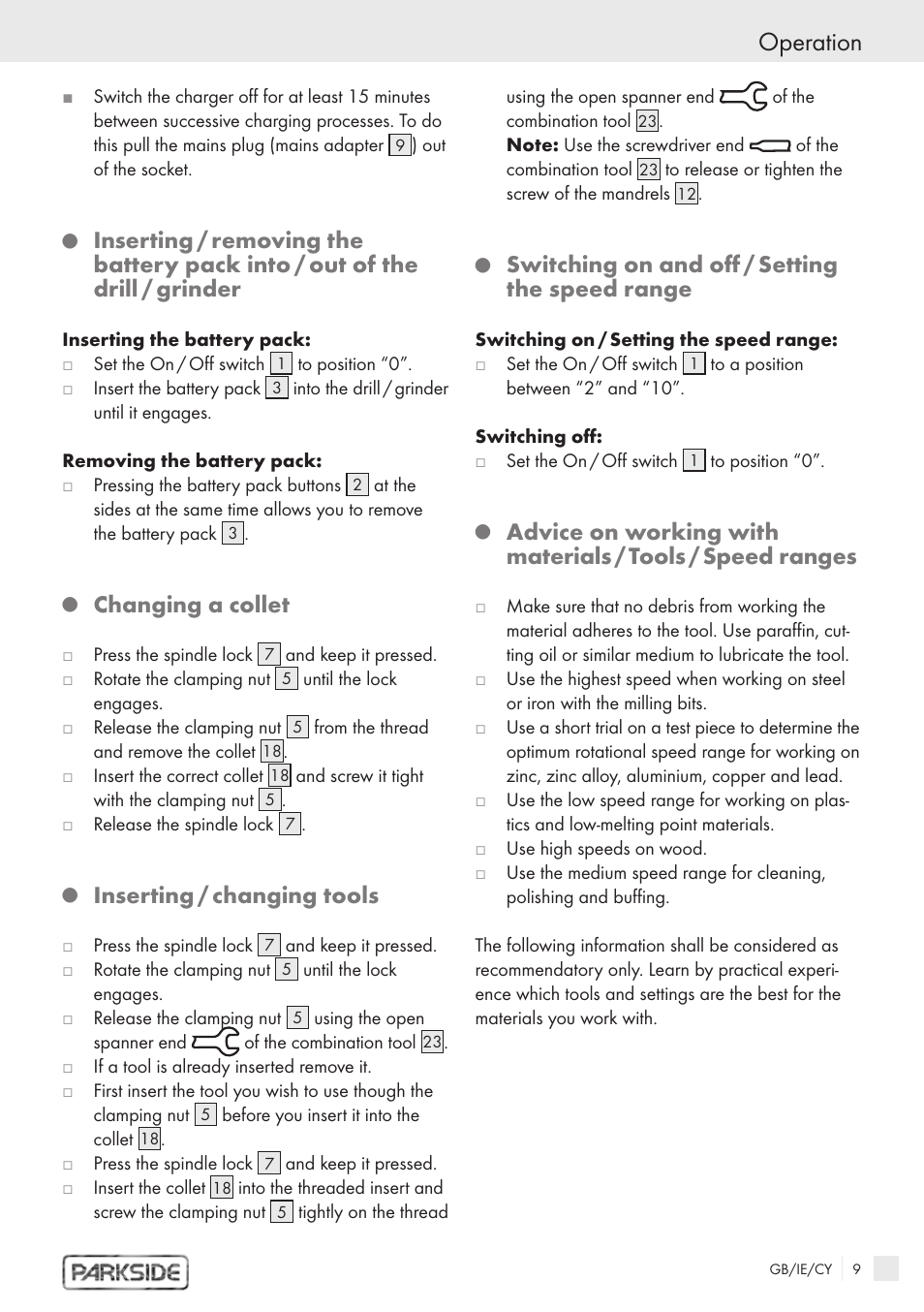 Operation, Changing a collet, Inserting / changing tools | Switching on and off / setting the speed range | Kompernass 6 V User Manual | Page 7 / 10