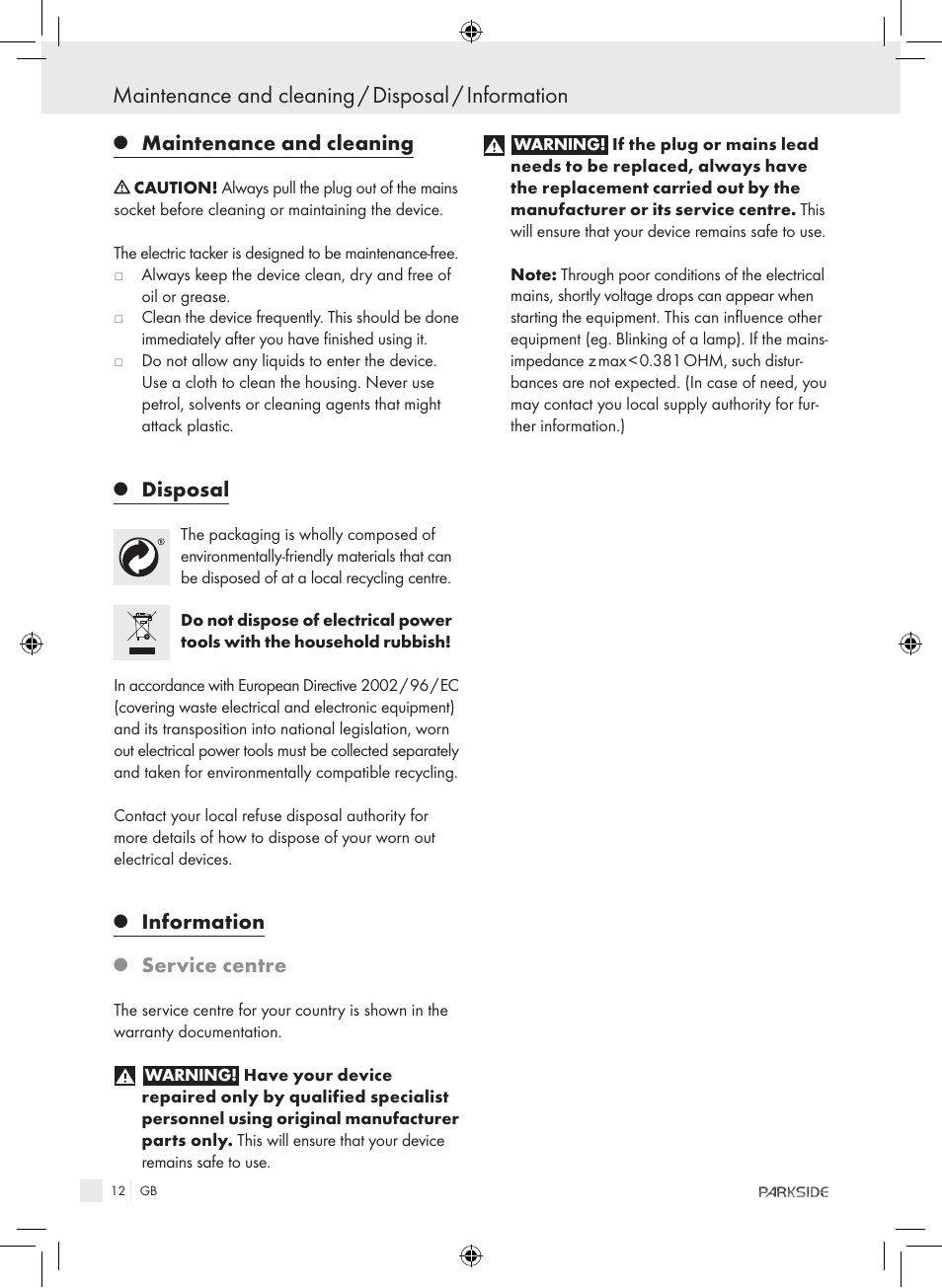 Maintenance and cleaning / disposal / information, Maintenance and cleaning, Disposal | Information, Service centre | Kompernass PET 23 VARIO User Manual | Page 10 / 81