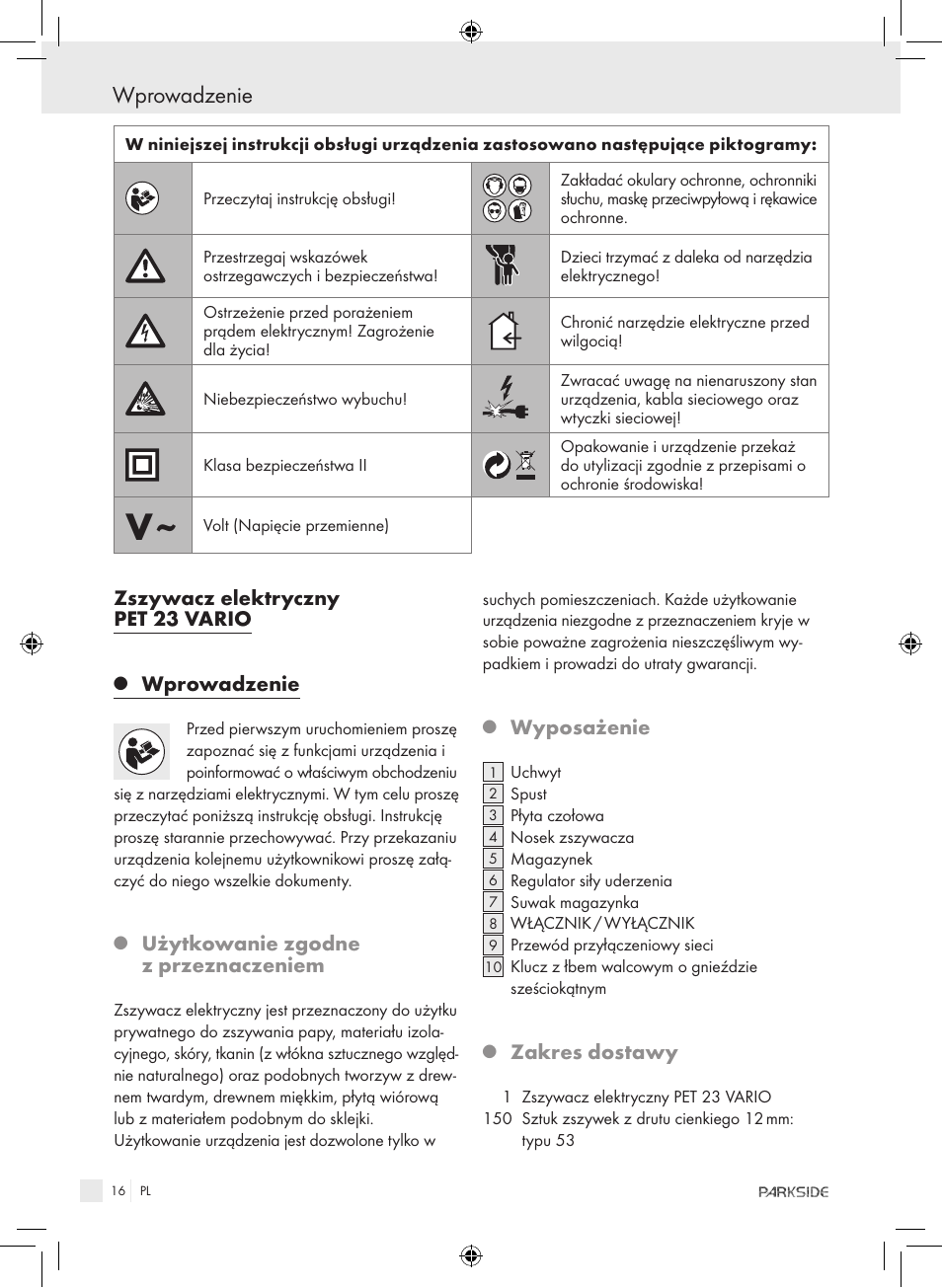 Wprowadzenie, Zszywacz elektryczny pet 23 vario, Użytkowanie zgodne z przeznaczeniem | Wyposażenie, Zakres dostawy | Kompernass PET 23 VARIO User Manual | Page 14 / 81