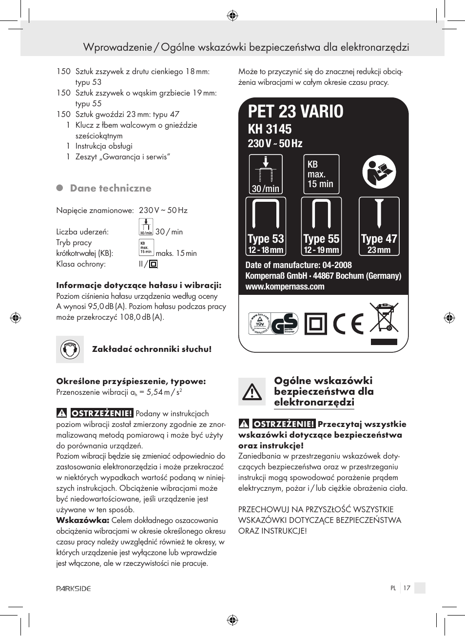 Pet 23 vario, Kh 3145, Type 53 | Type 55, Type 47, Dane techniczne | Kompernass PET 23 VARIO User Manual | Page 15 / 81