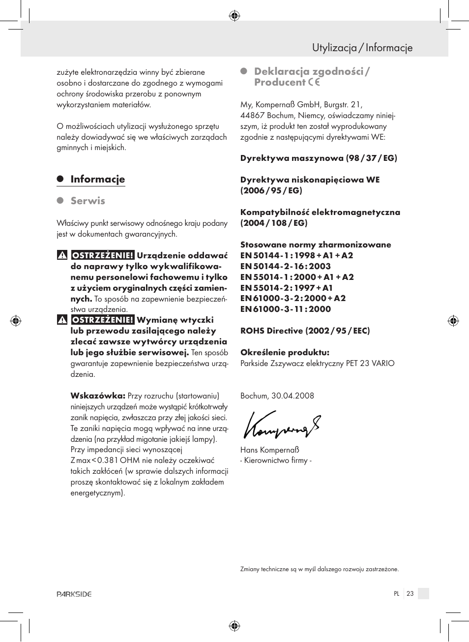 Utylizacja / informacje, Informacje, Serwis | Deklaracja zgodności / producent | Kompernass PET 23 VARIO User Manual | Page 21 / 81