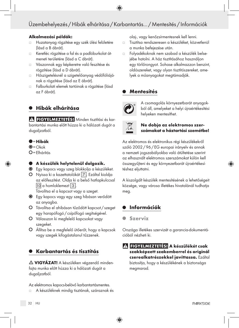 Hibák elhárítása, Karbantartás és tisztítás, Mentesítés | Információk, Szerviz | Kompernass PET 23 VARIO User Manual | Page 30 / 81