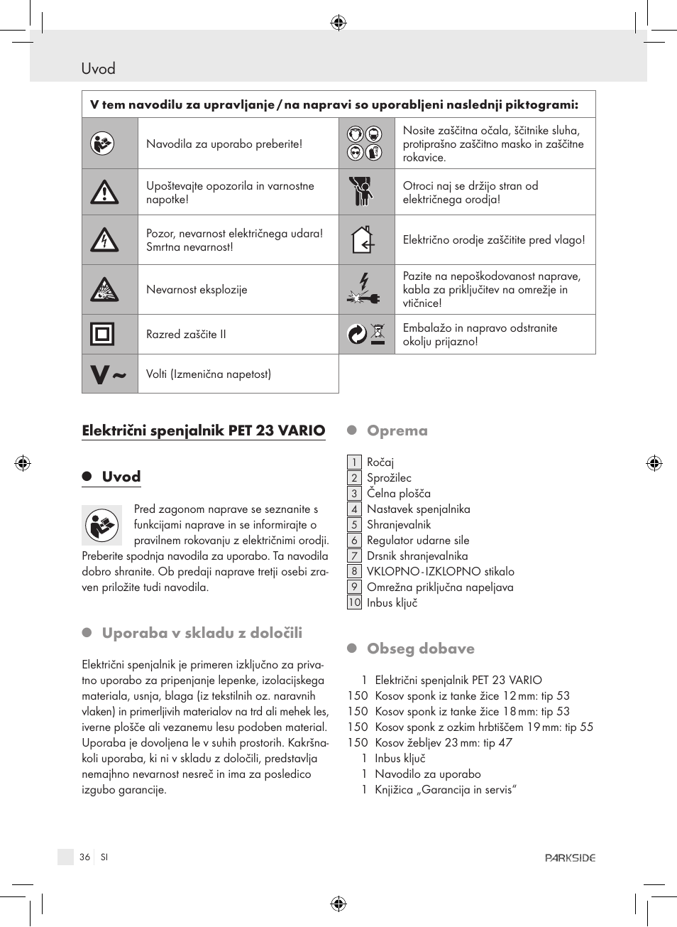 Uvod, Električni spenjalnik pet 23 vario, Uporaba v skladu z določili | Oprema, Obseg dobave | Kompernass PET 23 VARIO User Manual | Page 34 / 81