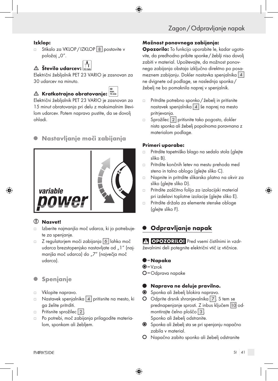 Zagon / odpravljanje napak, Nastavljanje moči zabijanja, Spenjanje | Odpravljanje napak | Kompernass PET 23 VARIO User Manual | Page 39 / 81