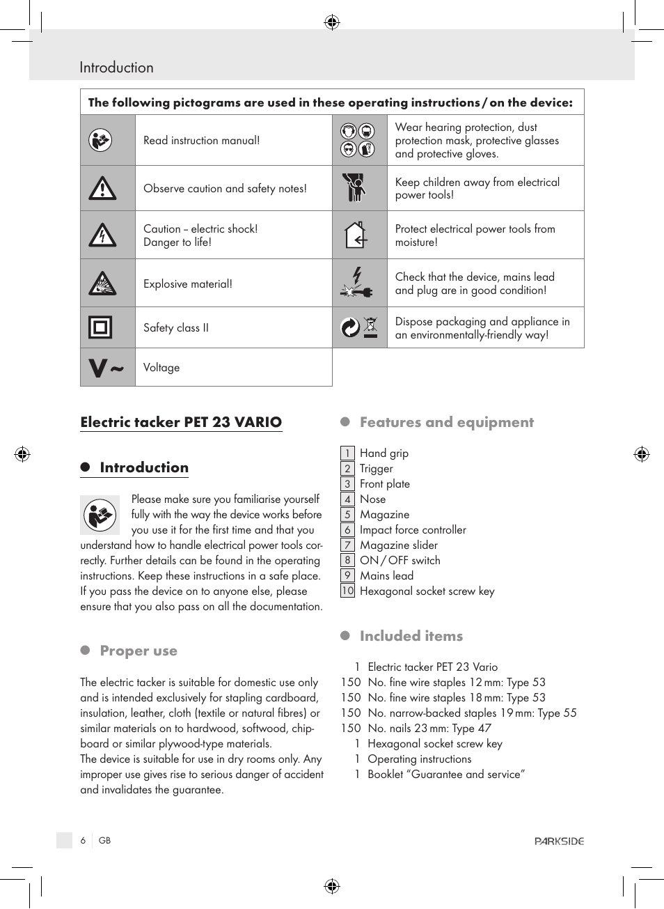 Introduction, Electric tacker pet 23 vario, Proper use | Features and equipment, Included items | Kompernass PET 23 VARIO User Manual | Page 4 / 81