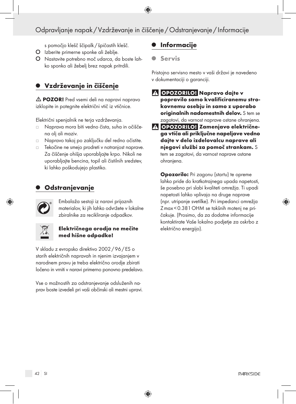 Vzdrževanje in čiščenje, Odstranjevanje, Informacije | Servis | Kompernass PET 23 VARIO User Manual | Page 40 / 81