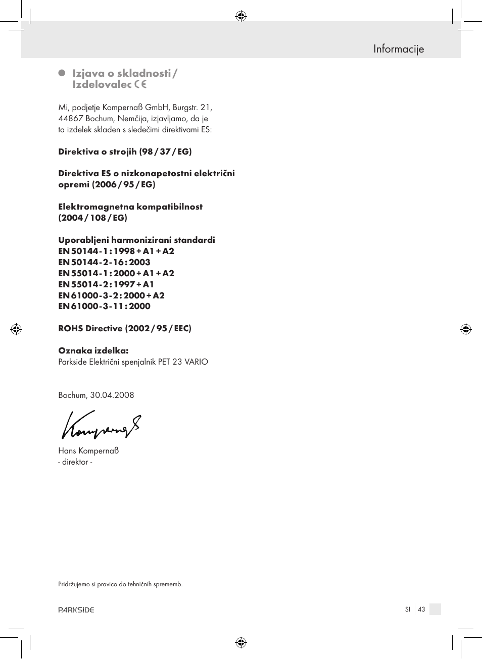 Informacije, Izjava o skladnosti / izdelovalec | Kompernass PET 23 VARIO User Manual | Page 41 / 81