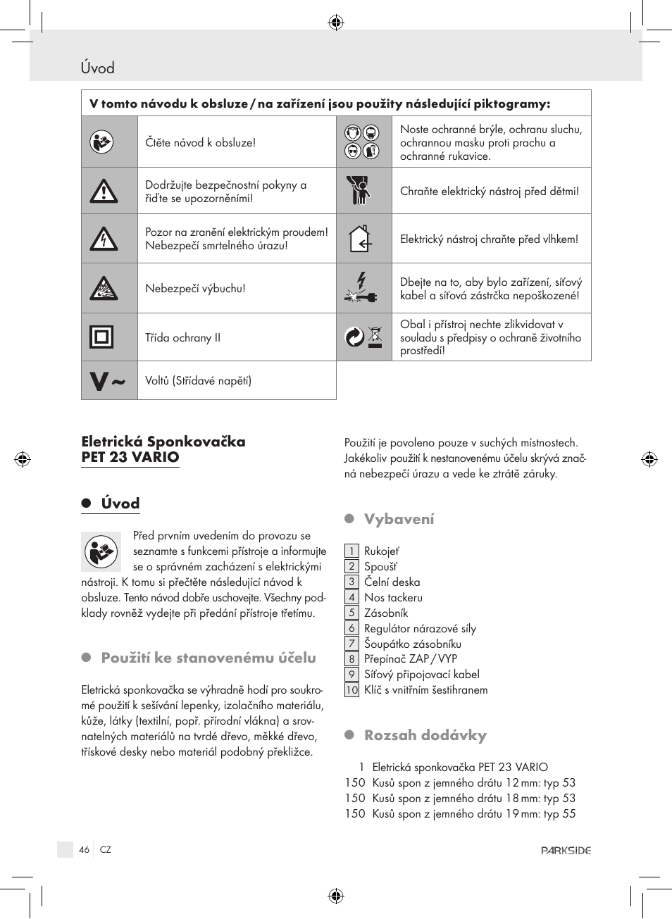 Úvod, Eletrická sponkovačka pet 23 vario, Použití ke stanovenému účelu | Vybavení, Rozsah dodávky | Kompernass PET 23 VARIO User Manual | Page 44 / 81